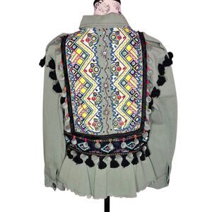 Zara Embroidered military green cargo tassel pom jacket